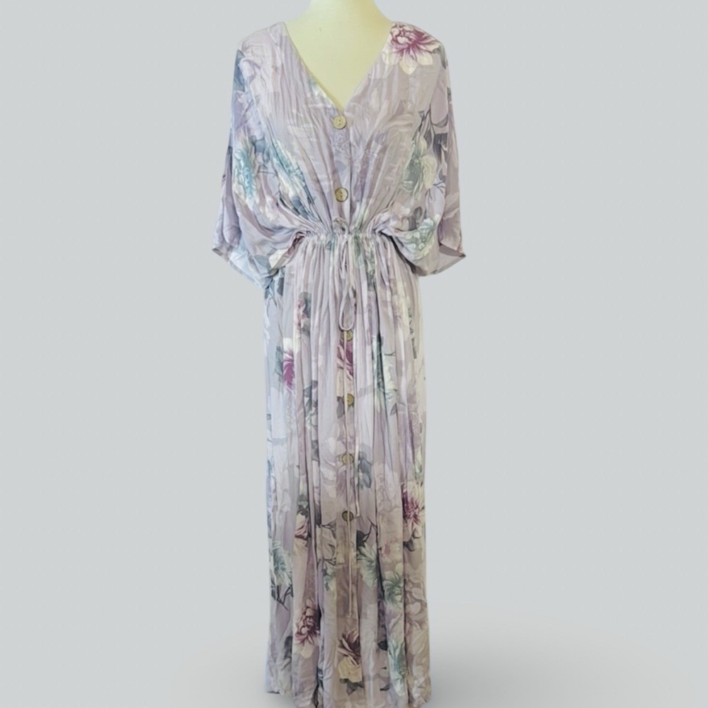ODDI Purple Lilac Maxi Dress Short Sleeve Boho‎ Cinch Tie Waist Button Front 2XL